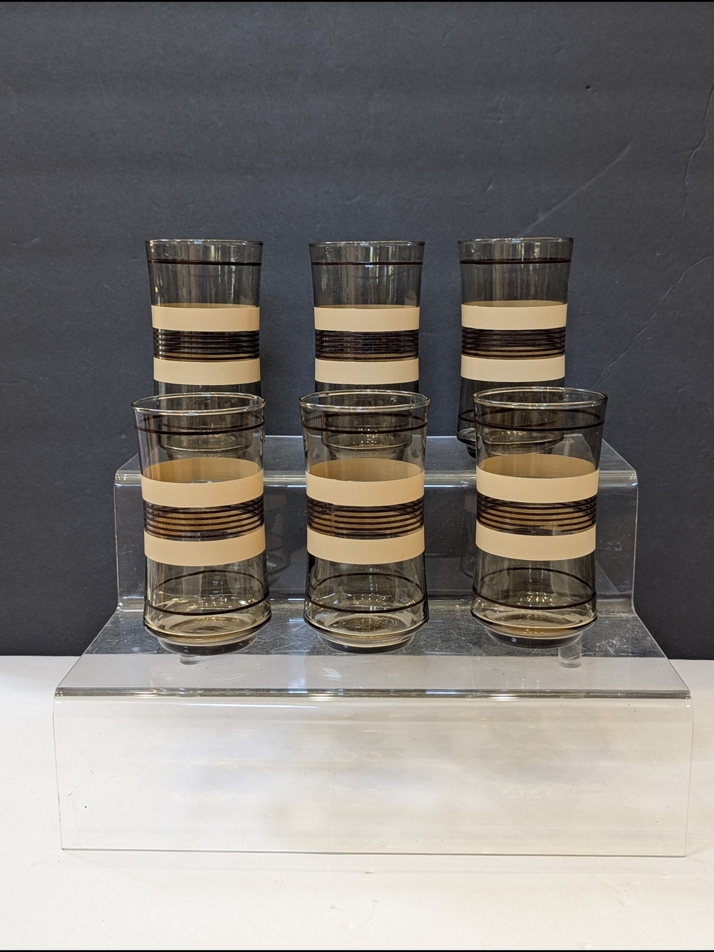 Vintage Libbey Brown Striped Smoked Glass Drinking Tumbler Glasses Set of 6
